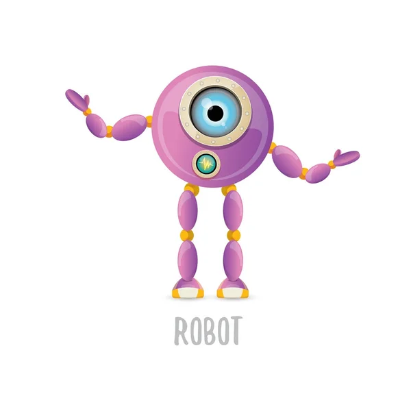 Vector divertido dibujo animado carácter robot amigable púrpura aislado sobre fondo blanco. Niños 3d robot juguete. icono de bot de chat — Archivo Imágenes Vectoriales