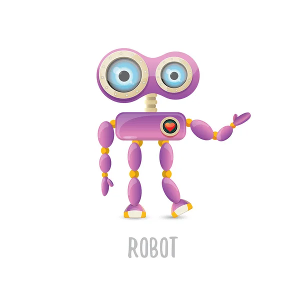 Vector divertido dibujo animado carácter robot amigable púrpura aislado sobre fondo blanco. Niños 3d robot juguete. icono de bot de chat — Archivo Imágenes Vectoriales