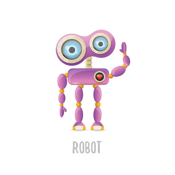 Vector divertido dibujo animado carácter robot amigable púrpura aislado sobre fondo blanco. Niños 3d robot juguete. icono de bot de chat — Archivo Imágenes Vectoriales