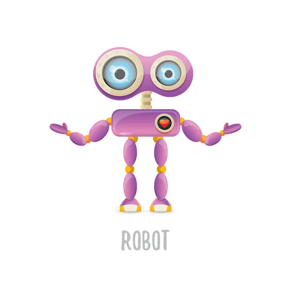 Vector divertido dibujo animado carácter robot amigable púrpura aislado sobre fondo blanco. Niños 3d robot juguete. icono de bot de chat — Vector de stock