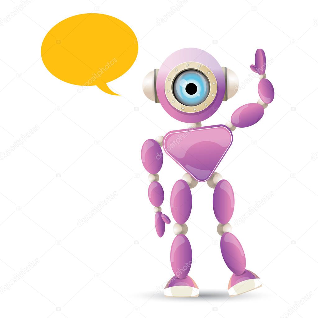 Vector funny cartoon purple friendly robot character isolated on white background. Kids 3d robot toy logo design template. chat bot icon