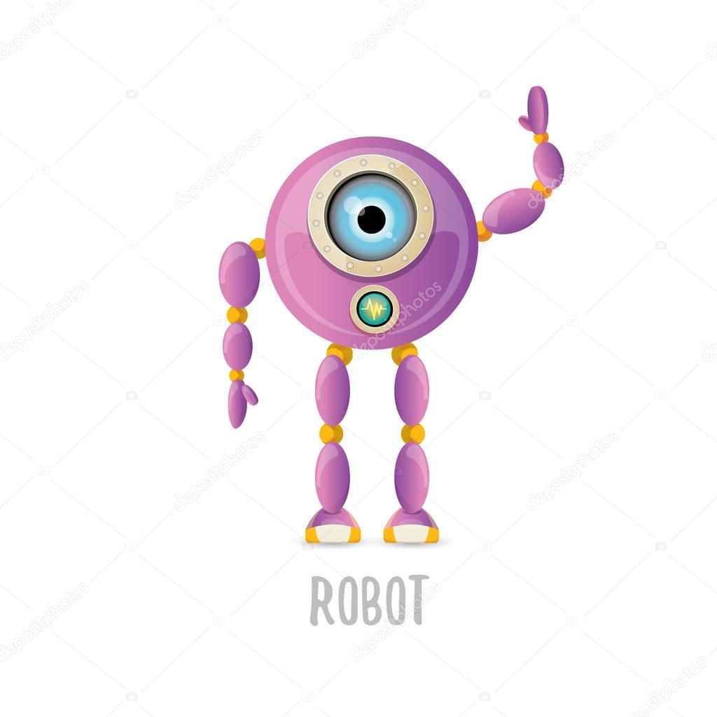 Vector funny cartoon purple friendly robot character isolated on white background. Kids 3d robot toy logo design template. chat bot icon