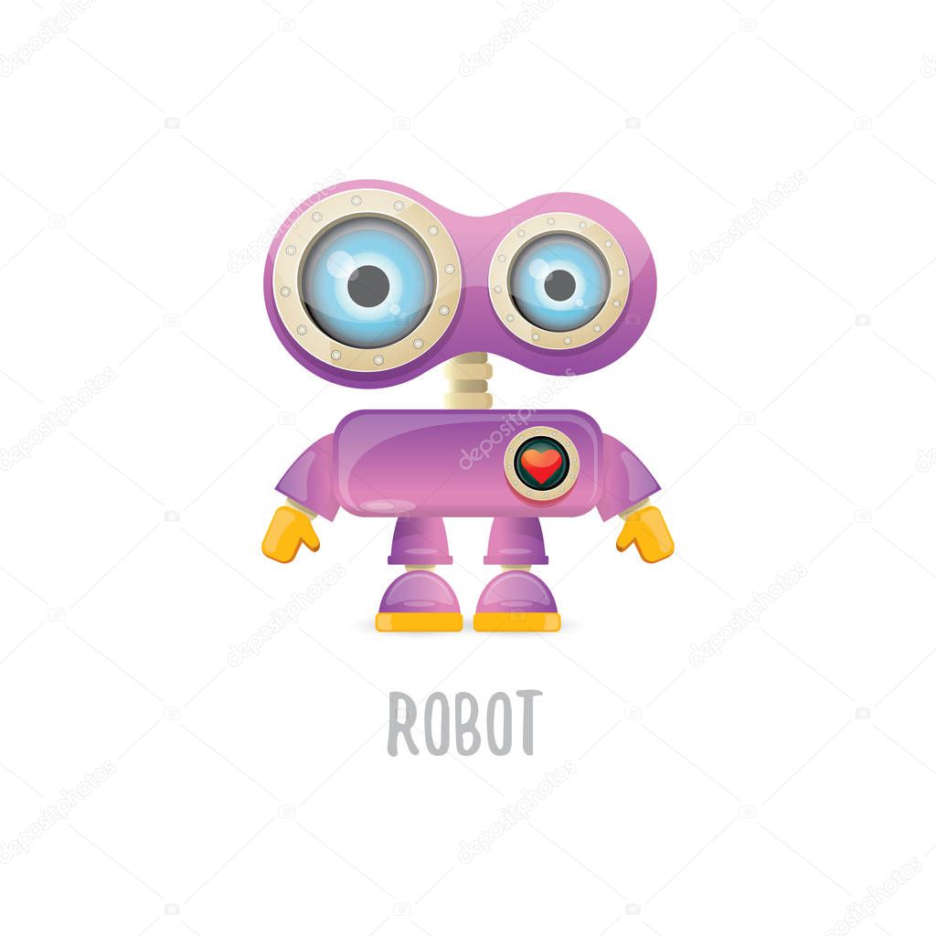 Vector funny cartoon purple friendly robot character isolated on white background. Kids 3d robot toy logo design template. chat bot icon