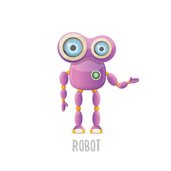 Vector divertido dibujo animado carácter robot amigable púrpura aislado sobre fondo blanco. Niños 3d robot juguete. icono de bot de chat — Archivo Imágenes Vectoriales