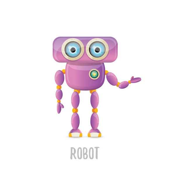 矢量搞笑卡通紫色友好的机器人字符孤立在白色背景。儿童3d 机器人玩具。聊天机器人图标 — 图库矢量图片