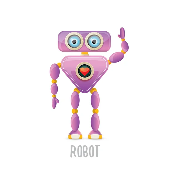 Vektoros vicces lila barátságos robot rajzfilmfigura elszigetelt fehér background. A gyerekek 3d robot játék. chat bot ikon — Stock Vector
