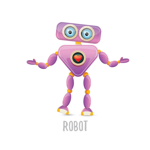 Vector divertido dibujo animado carácter robot amigable púrpura aislado sobre fondo blanco. Niños 3d robot juguete. icono de bot de chat — Vector de stock