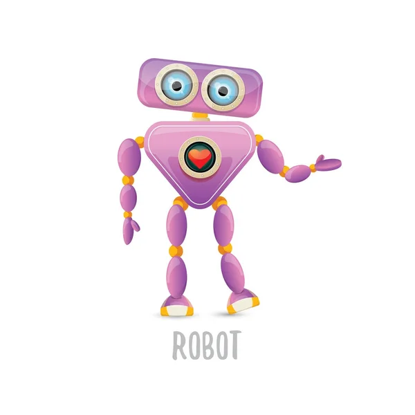 Vector divertido dibujo animado carácter robot amigable púrpura aislado sobre fondo blanco. Niños 3d robot juguete. icono de bot de chat — Archivo Imágenes Vectoriales