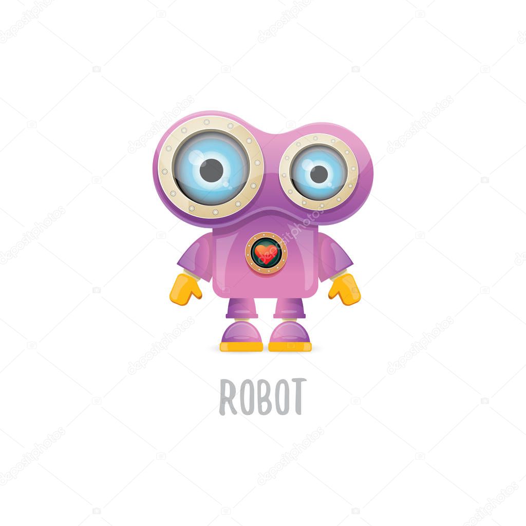 Vector funny cartoon purple friendly robot character isolated on white background. Kids 3d robot toy logo design template. chat bot icon