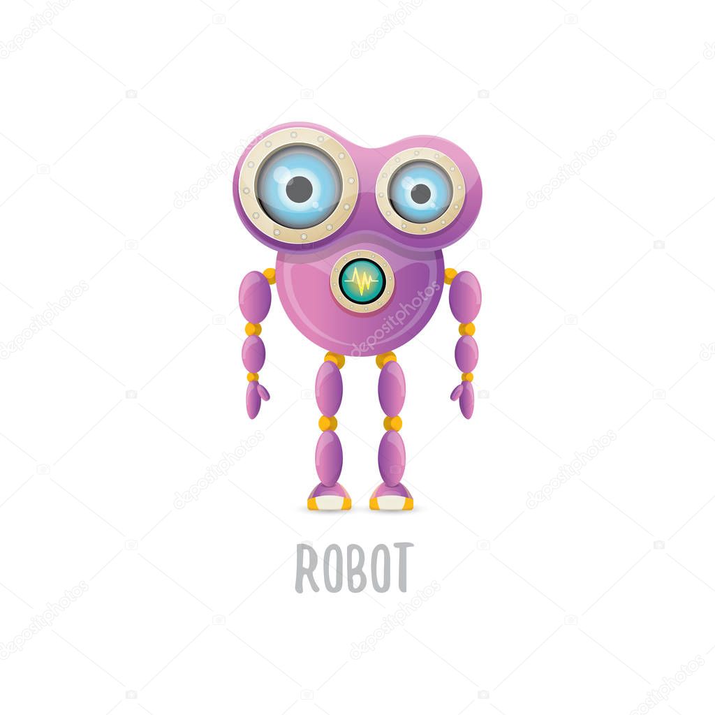 Vector funny cartoon purple friendly robot character isolated on white background. Kids 3d robot toy logo design template. chat bot icon