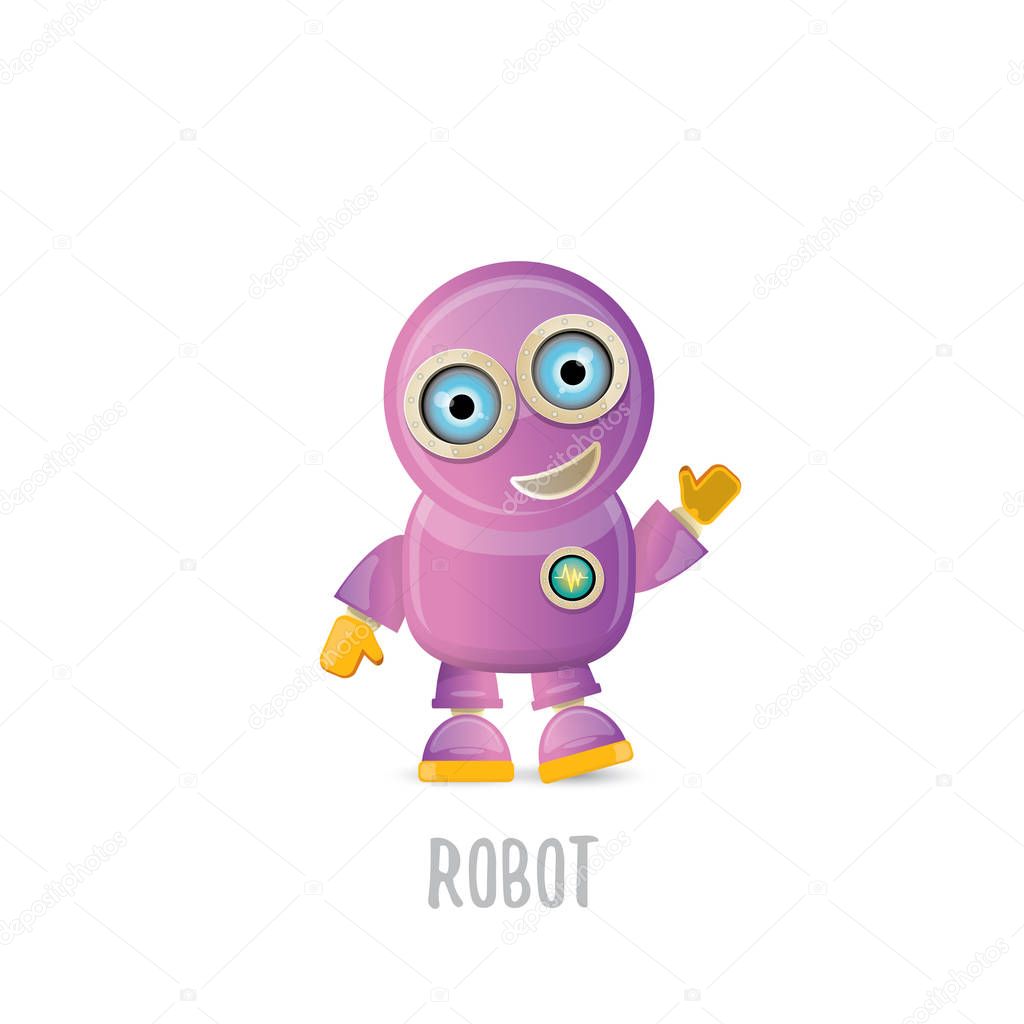 Vector funny cartoon purple friendly robot character isolated on white background. Kids 3d robot toy logo design template. chat bot icon