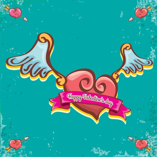 Vector valentines day vintage cartoon tattoo style red heart label with angel wings and cartoon vintage pink ribbon on turquoise grunge background. Valentines day greeting card — Stock Vector