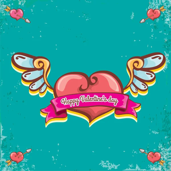 Vector valentines day vintage cartoon tattoo style red heart label with angel wings and cartoon vintage pink ribbon on turquoise grunge background. Valentines day greeting card — Stock Vector