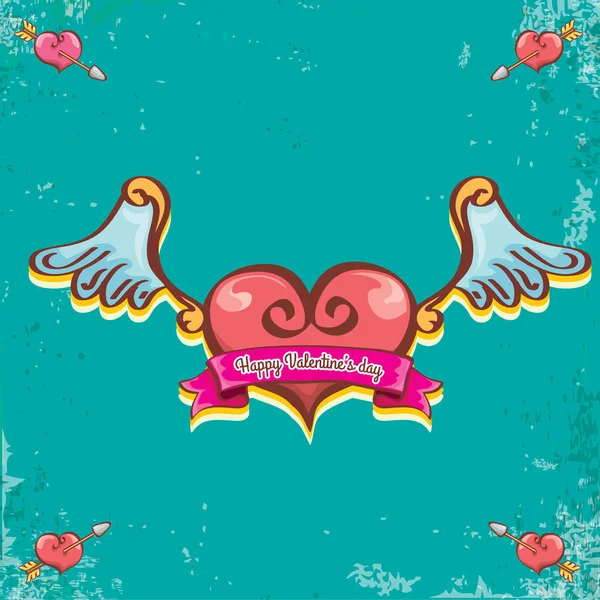 Vector San Valentín día de dibujos animados vintage tatuaje estilo corazón rojo etiqueta con alas de ángel y cinta de dibujos animados vintage rosa sobre fondo grunge turquesa. Tarjeta de felicitación de San Valentín — Archivo Imágenes Vectoriales