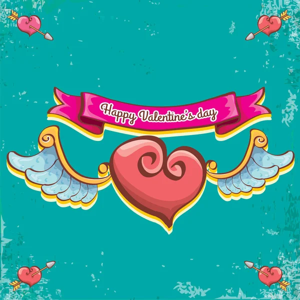 Vector valentines day vintage cartoon tattoo style red heart label with angel wings and cartoon vintage pink ribbon on turquoise grunge background. Valentines day greeting card — Stock Vector