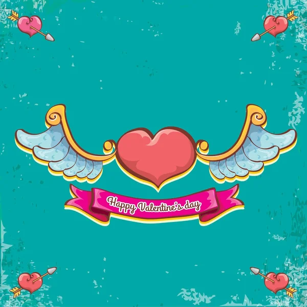 Vector valentines day vintage cartoon tattoo style red heart label with angel wings and cartoon vintage pink ribbon on turquoise grunge background. Valentines day greeting card — Stock Vector