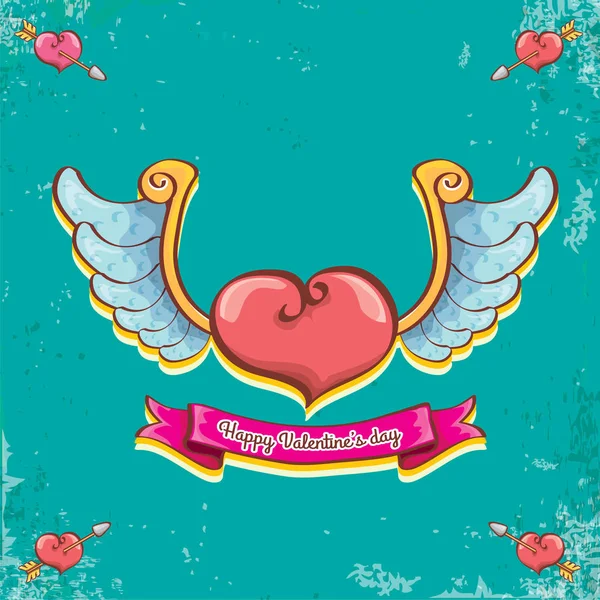 Vektor valentines day vintage cartoon tattoostyle red heart label mit engelsflügeln und cartoon vintage pink ribbon auf türkisfarbenem grunge hintergrund. Valentinstag-Grußkarte — Stockvektor