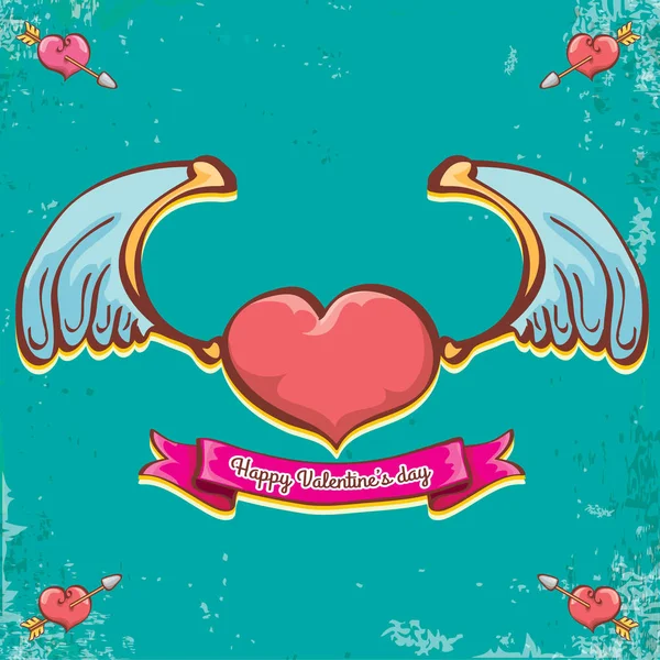 Vettore valentines giorno vintage cartone animato tatuaggio stile rosso cuore etichetta con angelo ali e cartone animato vintage nastro rosa su sfondo turchese grunge. Biglietto di auguri per San Valentino — Vettoriale Stock