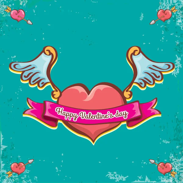 Vector San Valentín día de dibujos animados vintage tatuaje estilo corazón rojo etiqueta con alas de ángel y cinta de dibujos animados vintage rosa sobre fondo grunge turquesa. Tarjeta de felicitación de San Valentín — Vector de stock