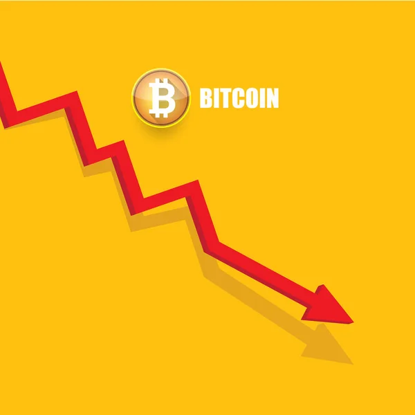 Vector bitcoin gráfico de caída del mercado sobre fondo naranja. Ilustración vectorial concepto bombo Bitcoin con espacio en blanco fo texto. depreciación de bitcoin . — Archivo Imágenes Vectoriales