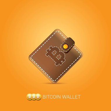 Jetonlu turuncu zemin üzerine izole kahverengi bitcoin cüzdan vektör. bitcoin iş kavramı