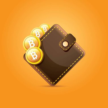 Jetonlu turuncu zemin üzerine izole kahverengi bitcoin cüzdan vektör. bitcoin iş kavramı