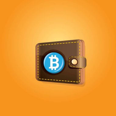 Jetonlu turuncu zemin üzerine izole kahverengi bitcoin cüzdan vektör. bitcoin iş kavramı