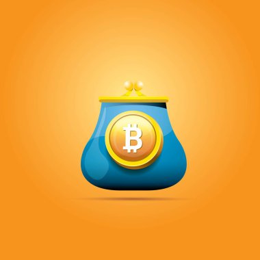 Mavi bitcoin cüzdan üzerinde turuncu arka plan izole paralar ile vektör. bitcoin iş kavramı