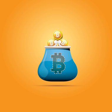 Mavi bitcoin cüzdan üzerinde turuncu arka plan izole paralar ile vektör. bitcoin iş kavramı