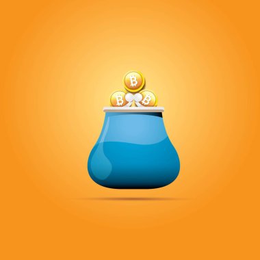 Mavi bitcoin cüzdan üzerinde turuncu arka plan izole paralar ile vektör. bitcoin iş kavramı