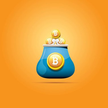 Mavi bitcoin cüzdan üzerinde turuncu arka plan izole paralar ile vektör. bitcoin iş kavramı