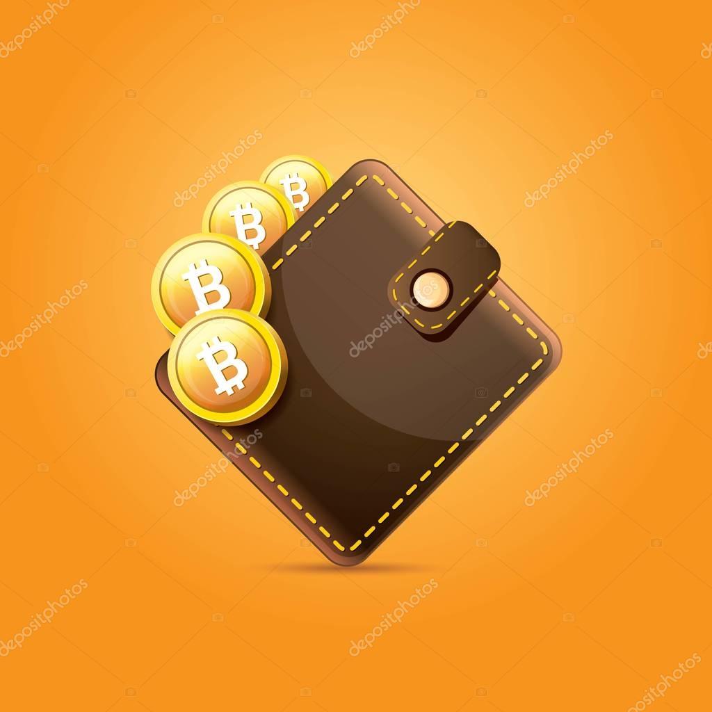 Vector brown bitcoin wallet with coins isolated on orange background. vector bitcoin business concept
