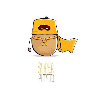 Turuncu kahraman pelerin ve beyaz arka plan üzerinde izole kahraman maskesi ile vektör komik karikatür şirin kahverengi süper kahraman patates. Benim adım patates vektör kavramdır. Süper sebze gıda karakter