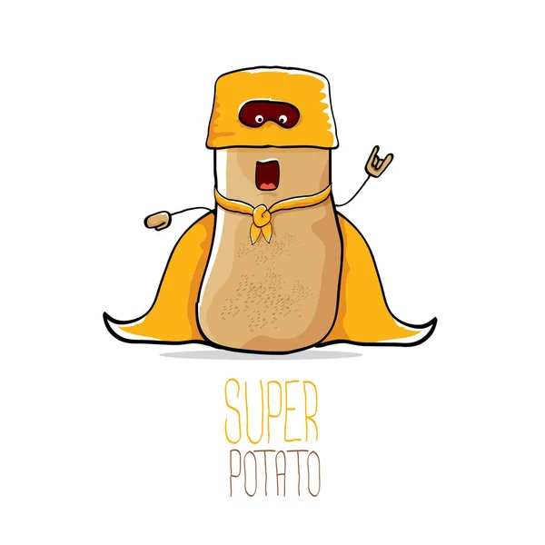 Vector divertido dibujos animados lindo marrón súper héroe patata con capa de héroe naranja y máscara de héroe aislado sobre fondo blanco. Mi nombre es concepto de vector de papa. carácter de comida súper vegetal — Archivo Imágenes Vectoriales