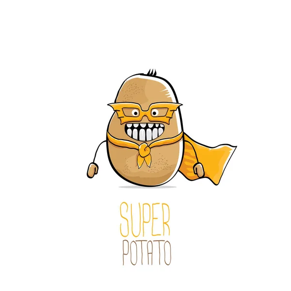 Vector engraçado cartoon bonito marrom super herói batata com laranja herói capa e máscara de herói isolado no fundo branco. Meu nome é conceito de vetor de batata. caráter de comida super vegetal — Vetor de Stock