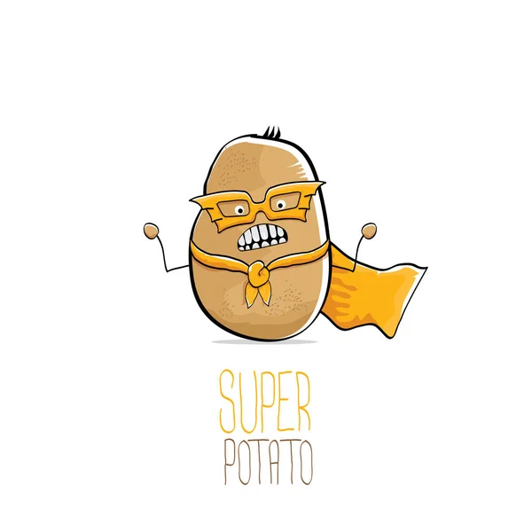 Vector grappige cartoon schattig bruin super held aardappel met oranje held cape en held masker geïsoleerd op een witte achtergrond. Mijn naam is aardappel vector concept. Super plantaardige voedsel karakter — Stockvector
