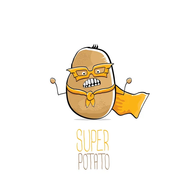 Vettore divertente cartone animato carino marrone super eroe patata con mantello eroe arancione e maschera eroe isolato su sfondo bianco. Mi chiamo Patata vector concept. super vegetale cibo carattere — Vettoriale Stock