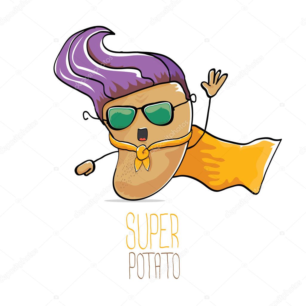 Vector funny cartoon cute brown super hero potato with orange hero cape and hero mask isolated on white background. My name is potato vector concept. super funky vegetable food character
