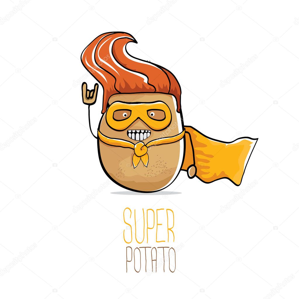 Vector funny cartoon cute brown super hero potato with orange hero cape and hero mask isolated on white background. My name is potato vector concept. super funky vegetable food character