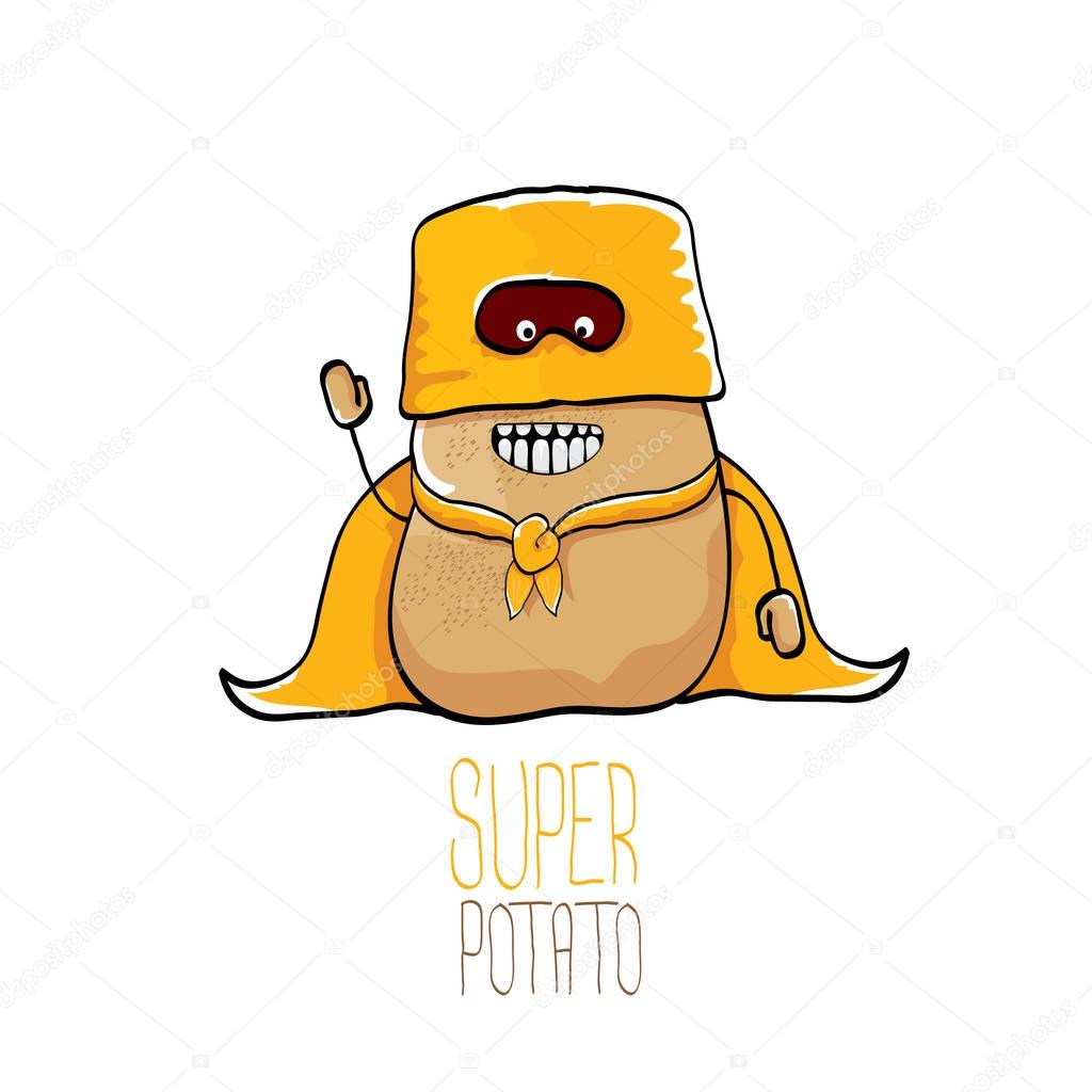 Vector funny cartoon cute brown super hero potato with orange hero cape and hero mask isolated on white background. My name is potato vector concept. super funky vegetable food character