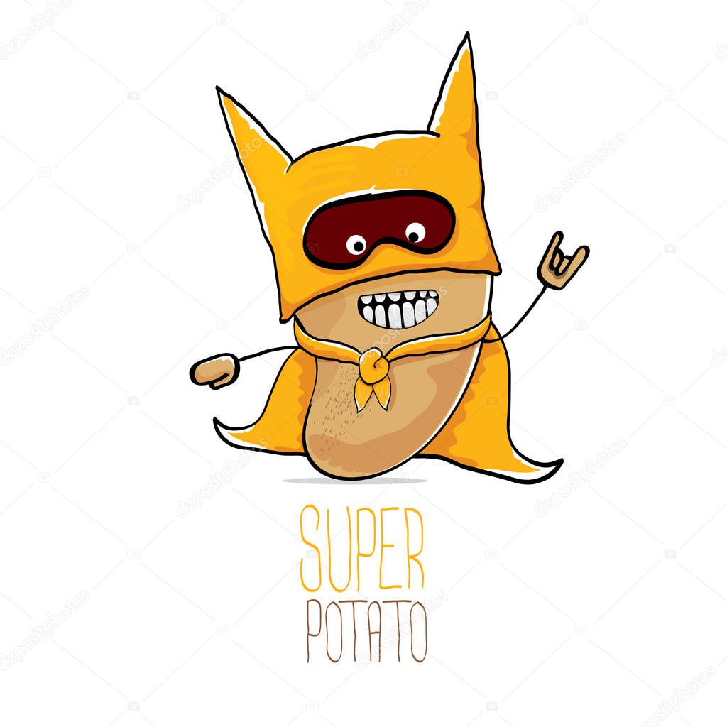 Vector funny cartoon cute brown super hero potato with orange hero cape and hero mask isolated on white background. My name is potato vector concept. super funky vegetable food character