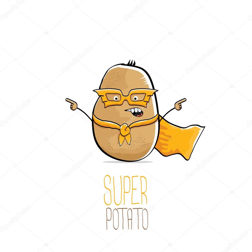 Vector funny cartoon cute brown super hero potato with orange hero cape and hero mask isolated on white background. My name is potato vector concept. super funky vegetable food character