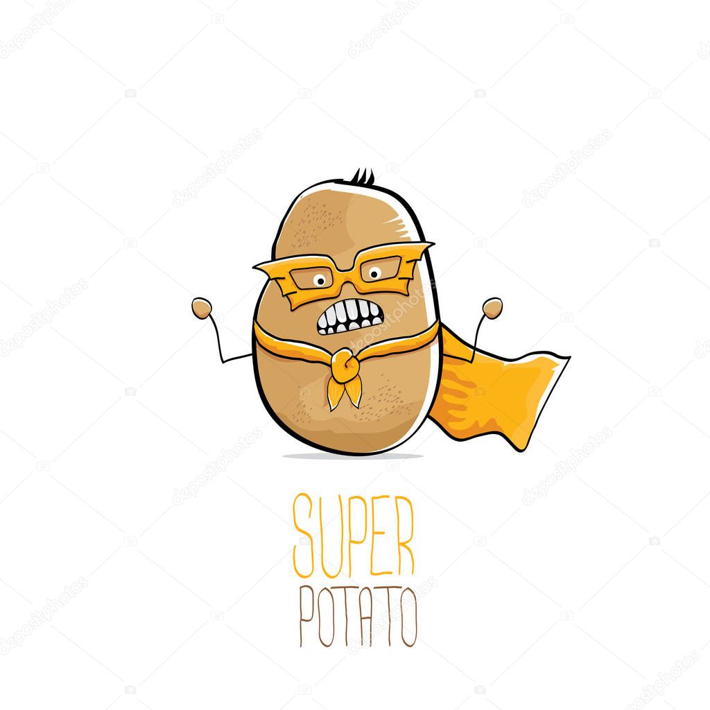 Vector funny cartoon cute brown super hero potato with orange hero cape and hero mask isolated on white background. My name is potato vector concept. super funky vegetable food character
