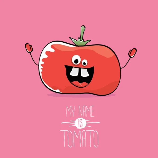 Vector grappige schattige rode lachende tomaat stripfiguur geïsoleerd op roze achtergrond. Mijn naam is tomaat. plantaardige funky voedsel karakter — Stockvector
