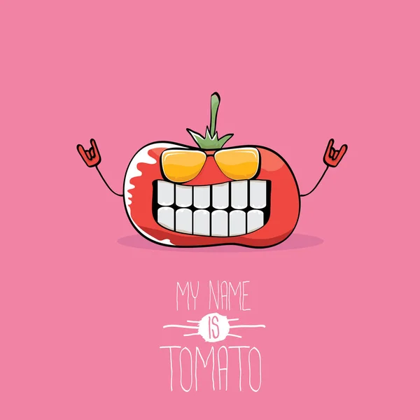Вектор смішний мультфільм милий червоний усміхнений томатний персонаж ізольований на рожевому фоні. Мене звуть помідор. овочевий фанк харчовий характер — стоковий вектор