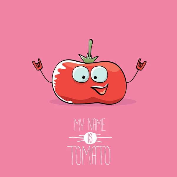 Вектор смішний мультфільм милий червоний усміхнений томатний персонаж ізольований на рожевому фоні. Мене звуть помідор. овочевий фанк харчовий характер — стоковий вектор