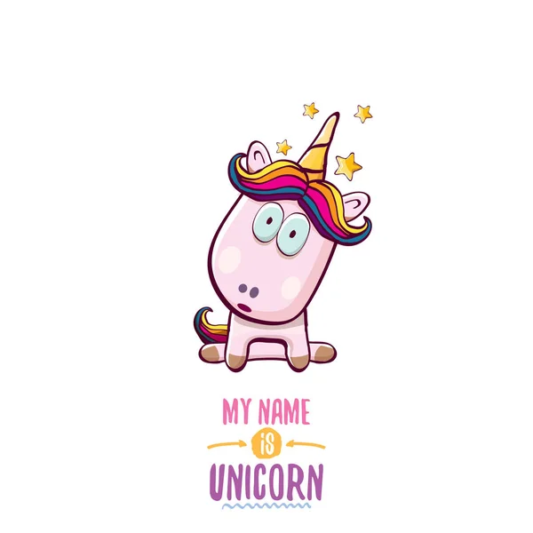 Vector grappige cartoon schattig roze fairy unicorn geïsoleerd op een witte achtergrond. Mijn naam is Eenhoorn vectorillustratie concept. Funky hand getrokken karakter — Stockvector
