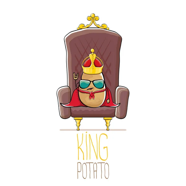 Vector divertido dibujos animados fresco lindo marrón sonriente rey patata con corona real de oro y manto rojo o capa sentado en el trono marrón aislado sobre fondo blanco . — Archivo Imágenes Vectoriales