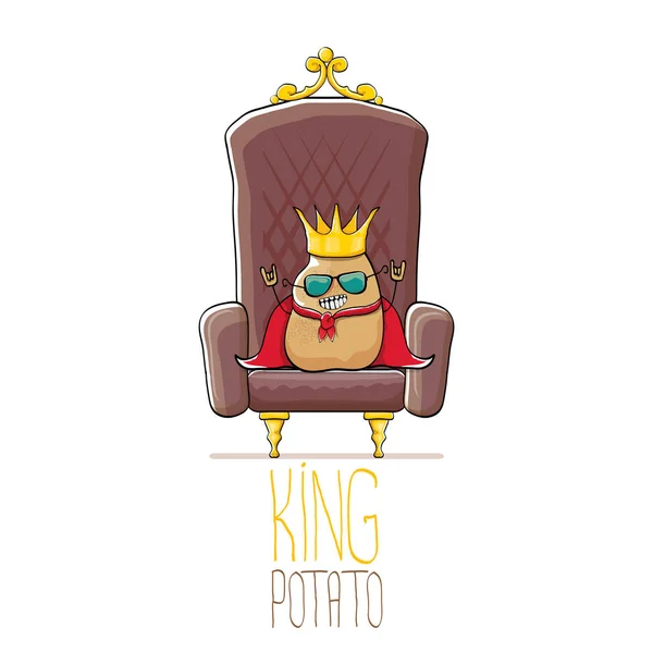 Vettore divertente cartone animato fresco carino marrone sorridente re patata con corona reale d'oro e mantello rosso o mantello seduto sul trono marrone isolato su sfondo bianco . — Vettoriale Stock