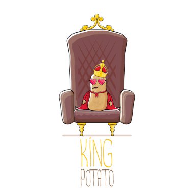 komik karikatür serin sevimli kahverengi gülümseyen vektör Kral altın royal crown ve kırmızı manto veya beyaz arka plan üzerinde izole kahverengi tahtına oturan cape ile patates.